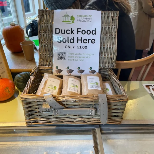 BIG NEWS! Our duck food has gone into 3 locations around the common: The Pear Tree Café, Tony’s Teas (by the Windmill) and the kiosk in the children’s playground. 

Please pop by and buy a bag for a £1 and feed the ducks. 

All profits go towards the @thefriendsofclaphamcommon projects on the common 💚